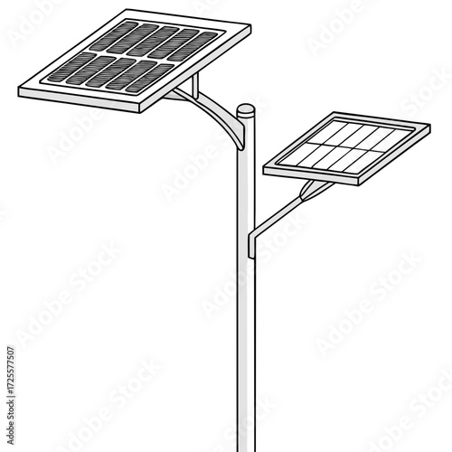 Isometric line art illustration of a modern street light pole with two solar panels providing clean energy for illumination