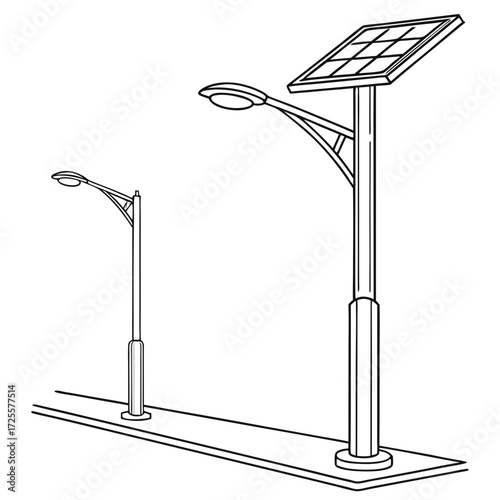 Illustration of two street lamps one with a solar panel standing on a sidewalk next to a road