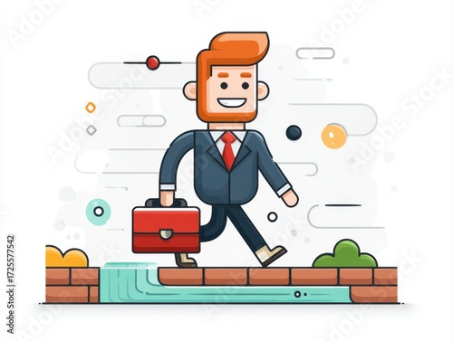 Cheerful cartoon businessman in a suit walks with a briefcase along a stylized urban path, surrounded by playful geometric shapes.