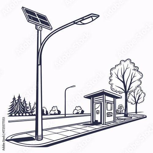 Modern solar powered street lamp illuminating a bus stop shelter on a clean city street with trees