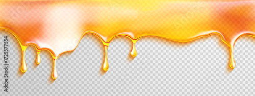 Realistic honey drip with syrup and caramel for oil texture background. Peanut fudge and splat for vector illustration. Apricot wave and border for maple candy design.