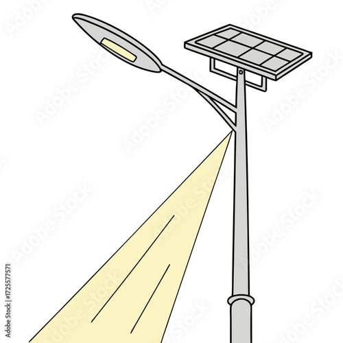 Modern solar powered street lamp with illuminated light beam on white background clean energy concept illustration