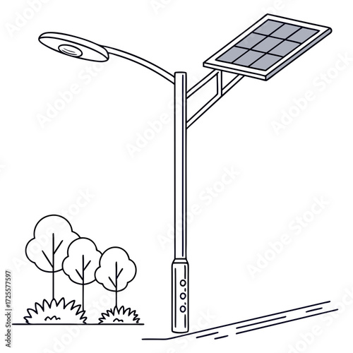 Modern solar powered street lamp with a panel on top illuminating a pathway next to trees and bushes