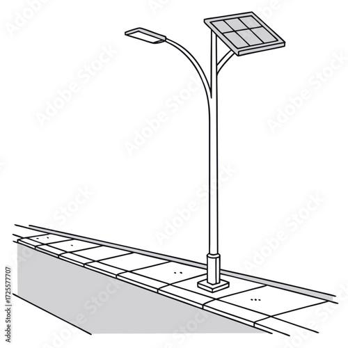 Modern solar powered street lamp with integrated panel illuminating a sidewalk and road in a clean line drawing style