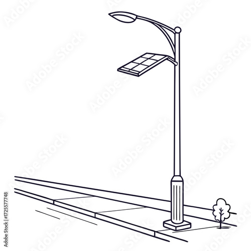 Modern solar powered street light with a clean design illuminating a sidewalk and road with a small tree nearby