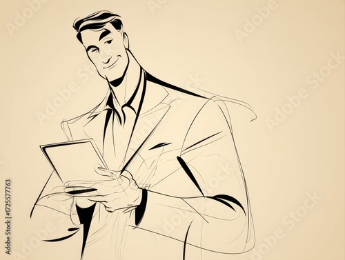 A confident man in a suit holds a tablet, smiling and looking forward in a minimalist line art style.