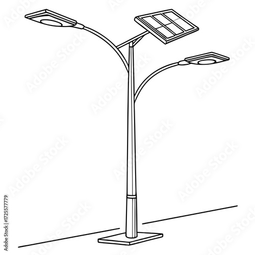 Modern solar powered street light with two lamps and a photovoltaic panel on a white background