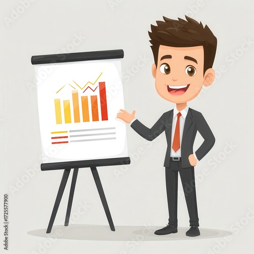A cheerful businessman presents a rising bar chart on a flip chart, illustrating business growth and data analysis.