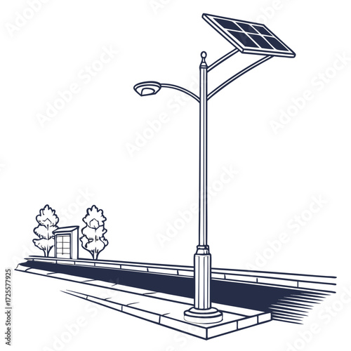 Modern street lamp powered by solar panel on a sidewalk with trees and a bus stop in the background