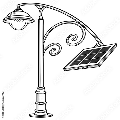 Ornate vintage street lamp with a modern solar panel providing clean energy for illumination