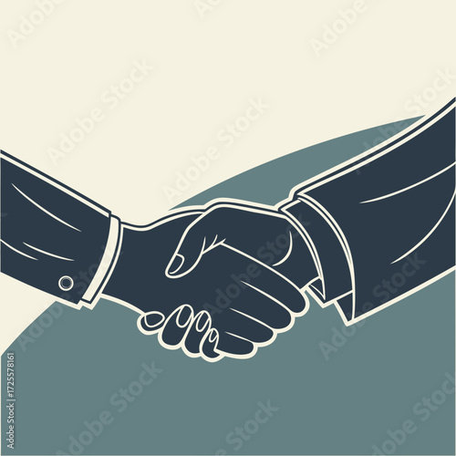 Two business people in suits shaking hands in a stylized illustration symbolizing agreement and partnership