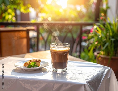 Hot Coffee in Glass Cup on Rustic Table Outdoors