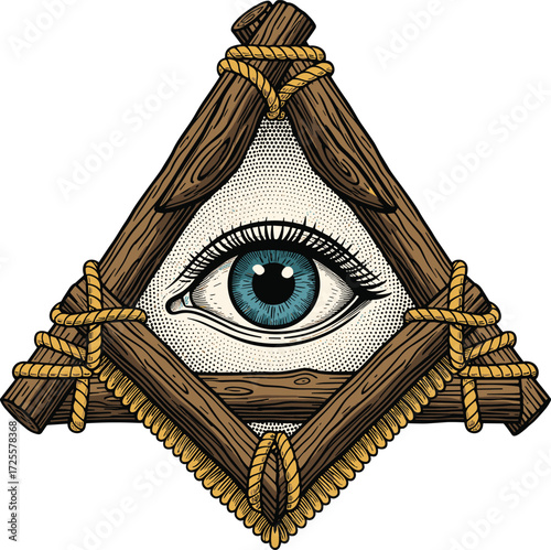 Mystical eye in triangle made of wooden logs and rope, symbolic vision concept, spiritual awareness illustration, handcrafted design, all-seeing eye vector artwork