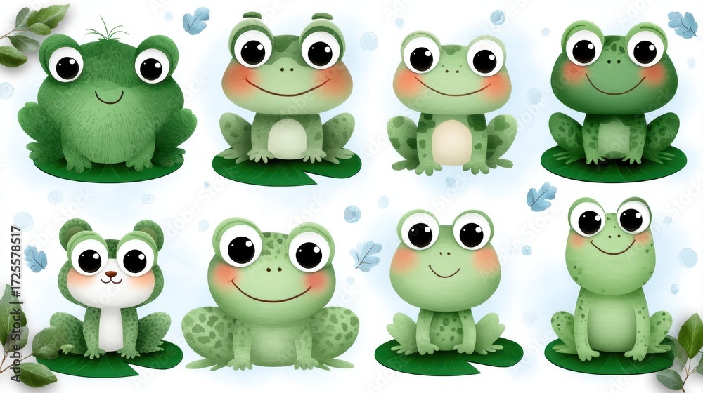 Fototapeta premium Eight cute cartoon frogs with big eyes sit on lily pads, surrounded by leaves and blue butterflies, against a white background.