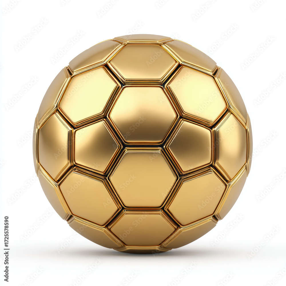 Fototapeta premium Golden soccer ball representing success, victory, and championship. Shiny gold football symbolizing prize, award, and sport triumph on white isolated background