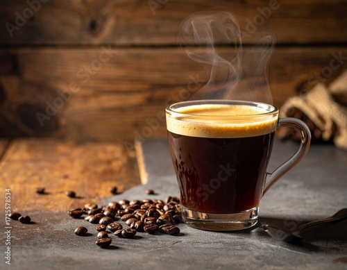 Hot Coffee in Glass Cup on Rustic Table Outdoors