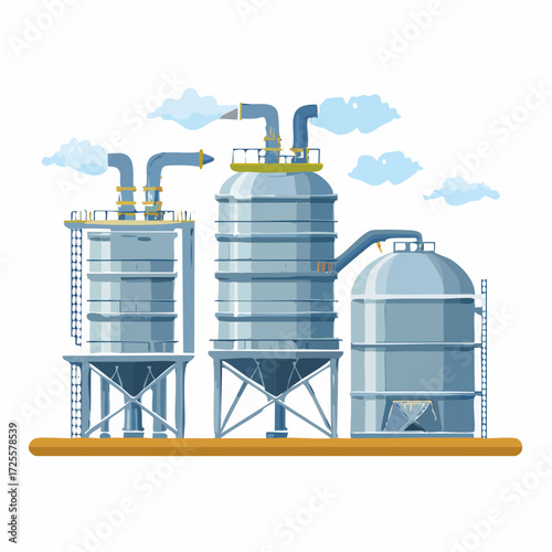 Industrial facility with silos and processing tanks