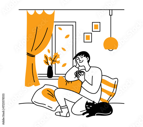 A cozy autumn vibe. A man in warm clothes sits on a sofa with a hot drink, coffee, or tea. A pet cat is next to its owner. Vector doodles