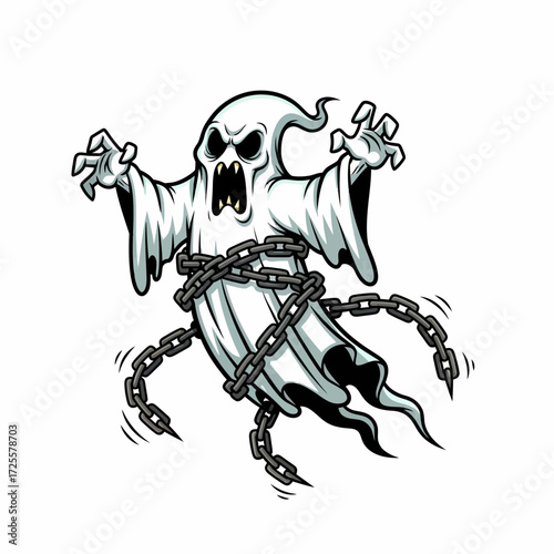 Cartoon Ghost with Chains Sharp Teeth and Menacing Hands Reaching Out.