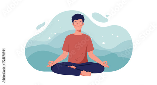 Young man meditating in the lotus position. Concept of yoga, mindfulness, relaxation, and spiritual practice for mental health and well-being