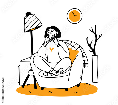 A cozy autumn vibe. A woman sips a hot drink, tea, or coffee, while sitting in a chair in a room. Vector doodles
