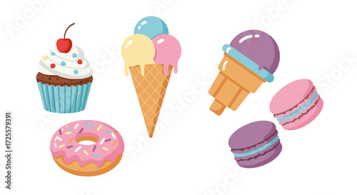 Sweet Treats Cupcakes, Ice Cream, Donuts & Macarons Illustration