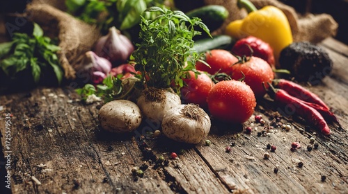 sprout. Vibrant still life of fresh Mediterranean produce on a rustic wooden table with a plant. menu design, packaging mockups, designed for food delivery and cloud-kitchen brand materials.