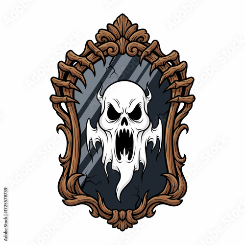Cartoon Ghostly Apparition Reflected in a Cracked Antique Mirror with Clawed Frame.