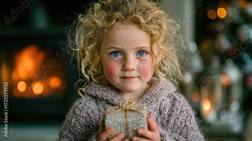 Cute curly haired child with blue eyes holding a small gift by the fireplace at Christmas