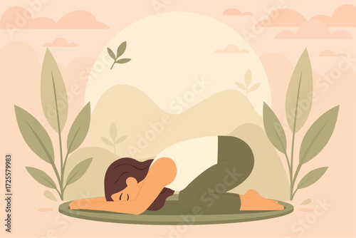 Nature yoga: young woman with loose hair in a back-bent tabletop pose, surrounded by plants, hills and soft clouds, calm outdoor wellness scene Vector EPS 10
