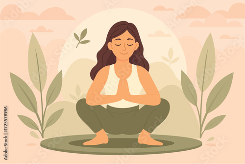 Woman in child's pose on a yoga mat amidst greenery. Soft mountain lines, clouds, and sun in the background create an atmosphere of calm and meditation. Vector EPS 10
