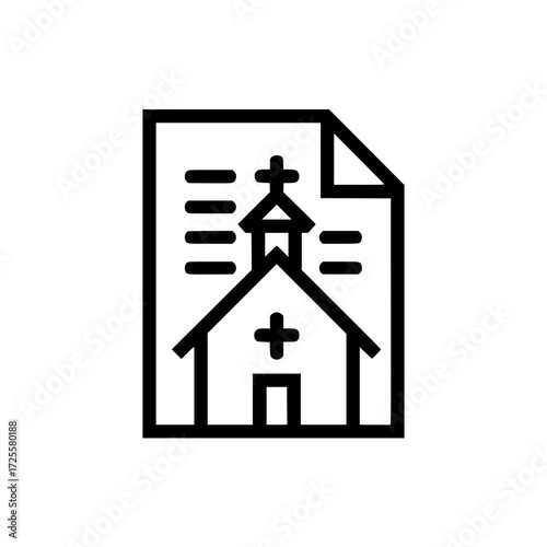 Text document with church icon symbolizing religious records faith archives and spiritual documentation