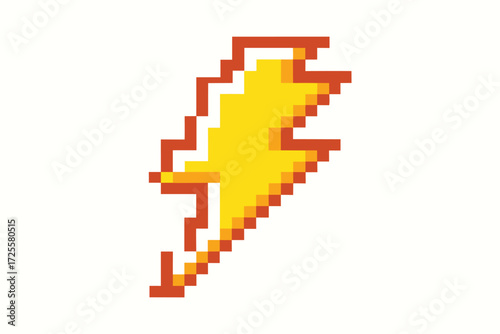 A pixelated lightning bolt flashes with vibrant yellow and orange hues across a white backdrop