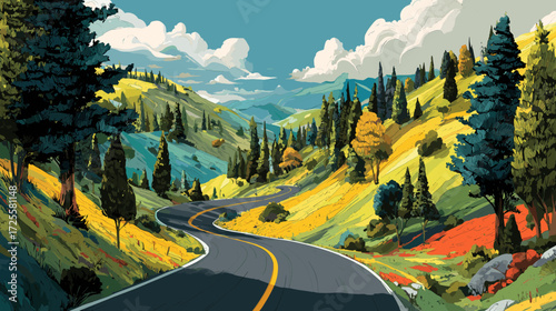 Winding road. Journey traffic curved highway. Road to horizon in perspective. Winding asphalt empty line isolated vector illustration