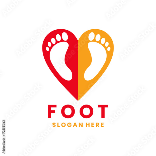 Foot love logo design vector. Foot with two-color love shape yellow and red simple logo design.
