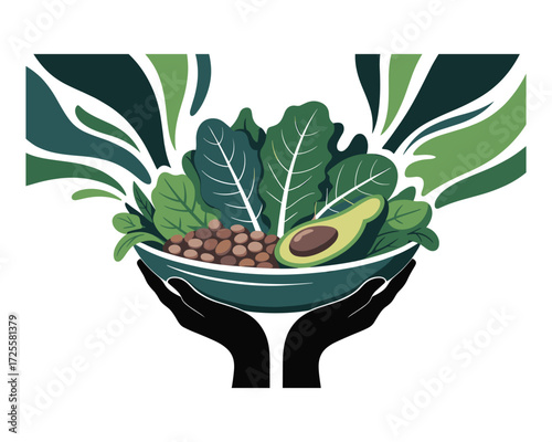 Hands cradling a bowl overflowing with fresh green leafy vegetables and healthy avocado and legumes