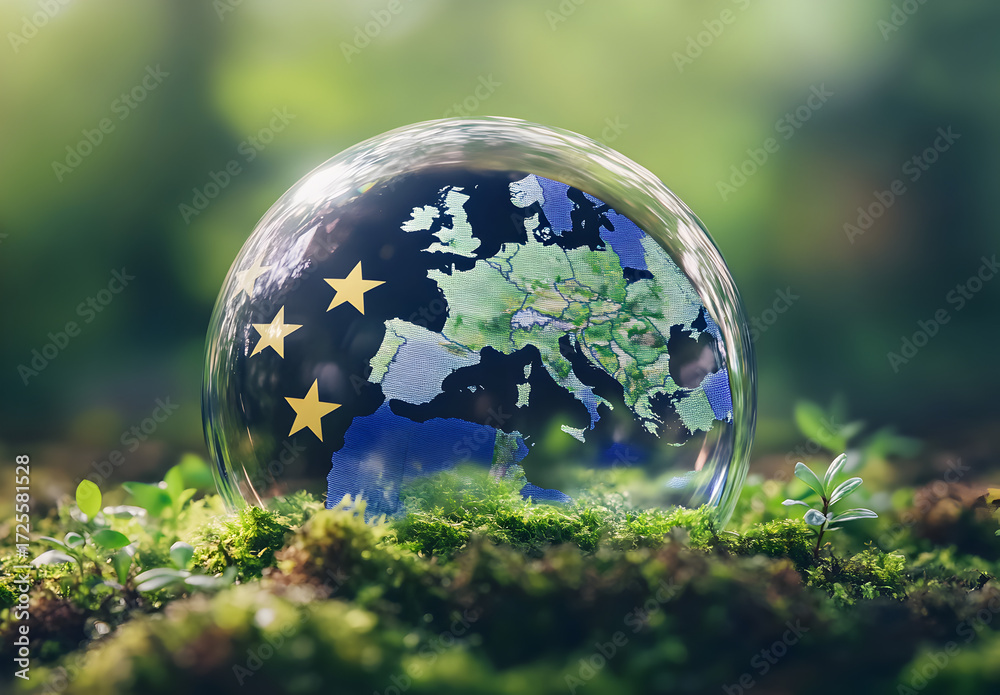 Naklejka premium A glass globe with the map of Europe inside, placed on moss and surrounded by greenery