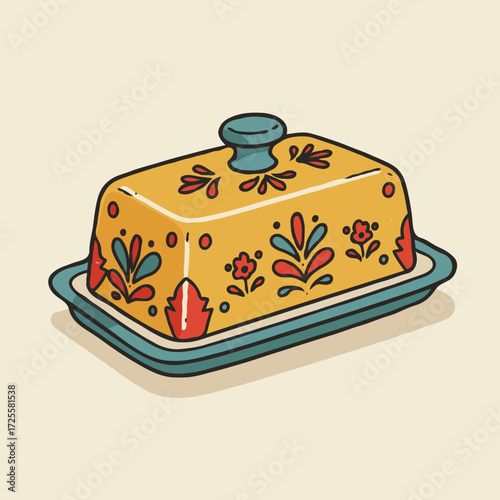 Decorative hand-drawn butter dish with floral pattern in folk art style on beige background. Ideal for kitchen decor, recipe illustrations, or rustic food packaging designs.