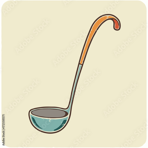 Hand-drawn soup ladle illustration in vintage style with pastel colors on beige background. Ideal for kitchen decor, recipe books, or culinary-themed design projects.