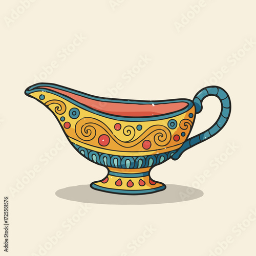 Ornate hand-drawn gravy boat in vibrant folk art style on beige background. Perfect for festive table settings, recipe illustrations, or vintage kitchen decor.