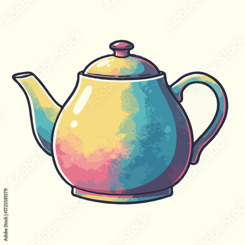 Colorful hand-drawn teapot illustration in watercolor style on light background. Ideal for tea-themed designs, kitchen decor, or cozy café branding.