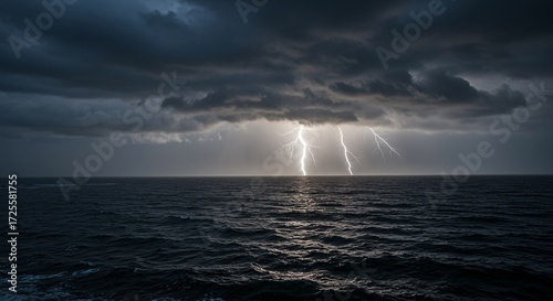 A powerful and dramatic scene of multiple lightning bolts striking the dark, turbulent ocean under a menacing, overcast sky, highlighting nature's raw and untamed energy during a severe thunderstorm