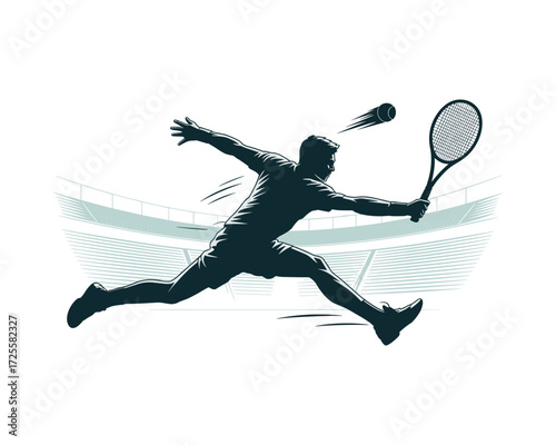 Dynamic silhouette of a tennis player in mid action swinging a racquet during a match
