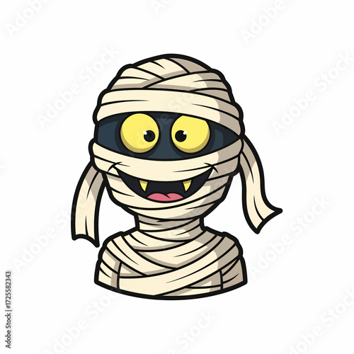 Cartoon Mummy Character with Yellow Eyes and Bandage Wraps Smiling.