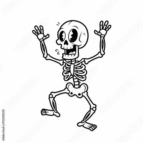 Cartoon Skeleton with Wide Eyes and Raised Hands in Black and White Outline.