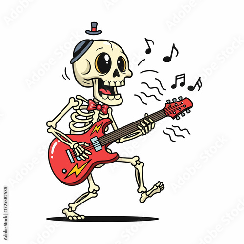 Cartoon Skeleton Rocker with Red Electric Guitar and Top Hat Singing Loudly.