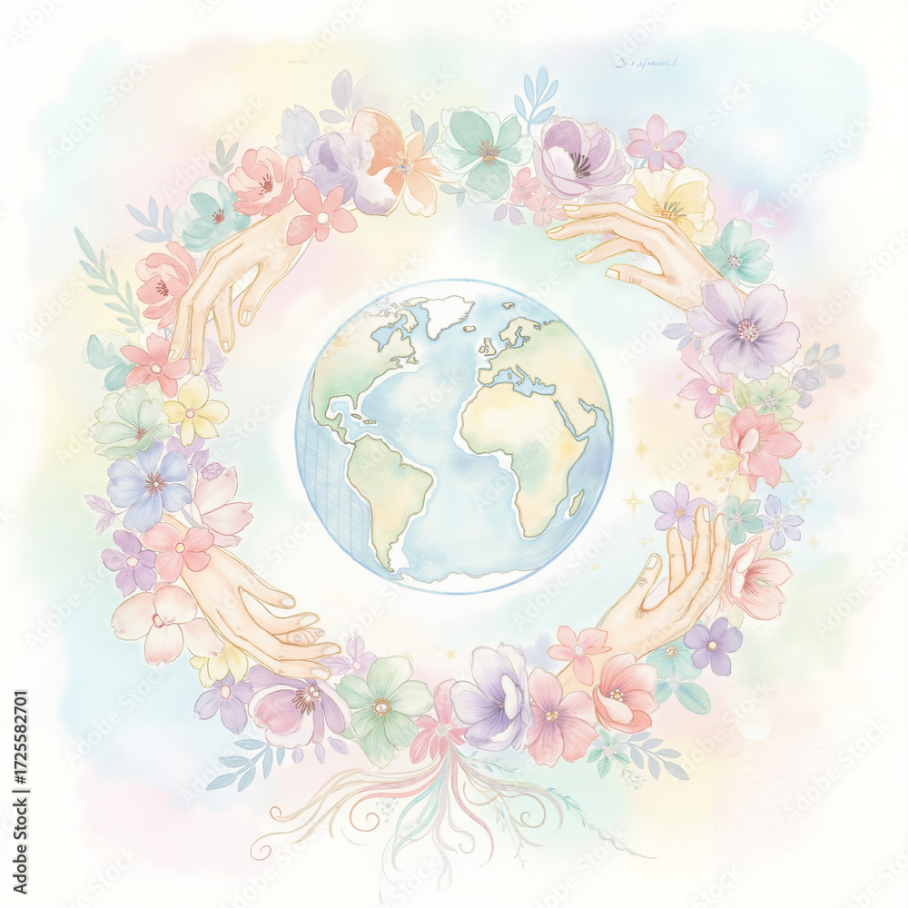 Naklejka premium Earth surrounded by hands and flowers in a pastel watercolor style 