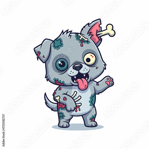 Cartoon Zombie Puppy with Bone in Ear and Ribcage Showing.