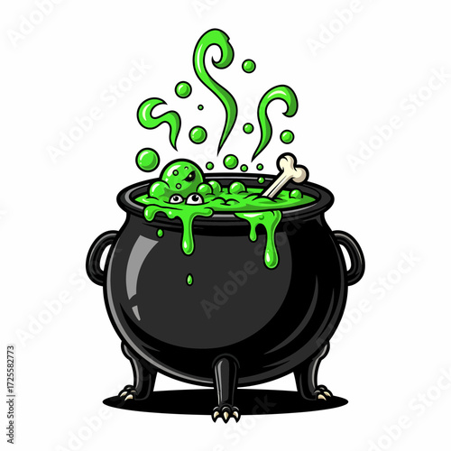 Cartoonish Black Cauldron Bubbling with Green Potion and a Bone.