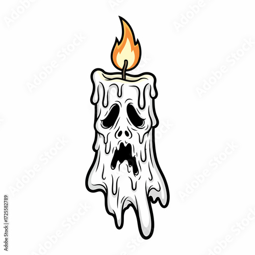 Cartoonish candle with melting wax forming a spooky face and flickering flame.